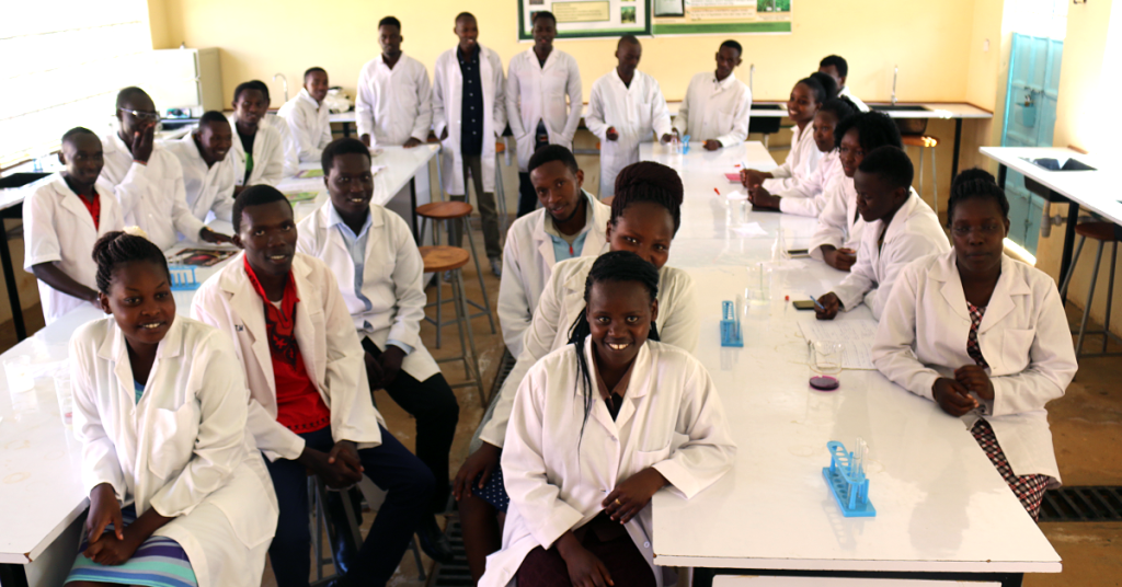 Third-year biochemistry students in the lab at Rongo University